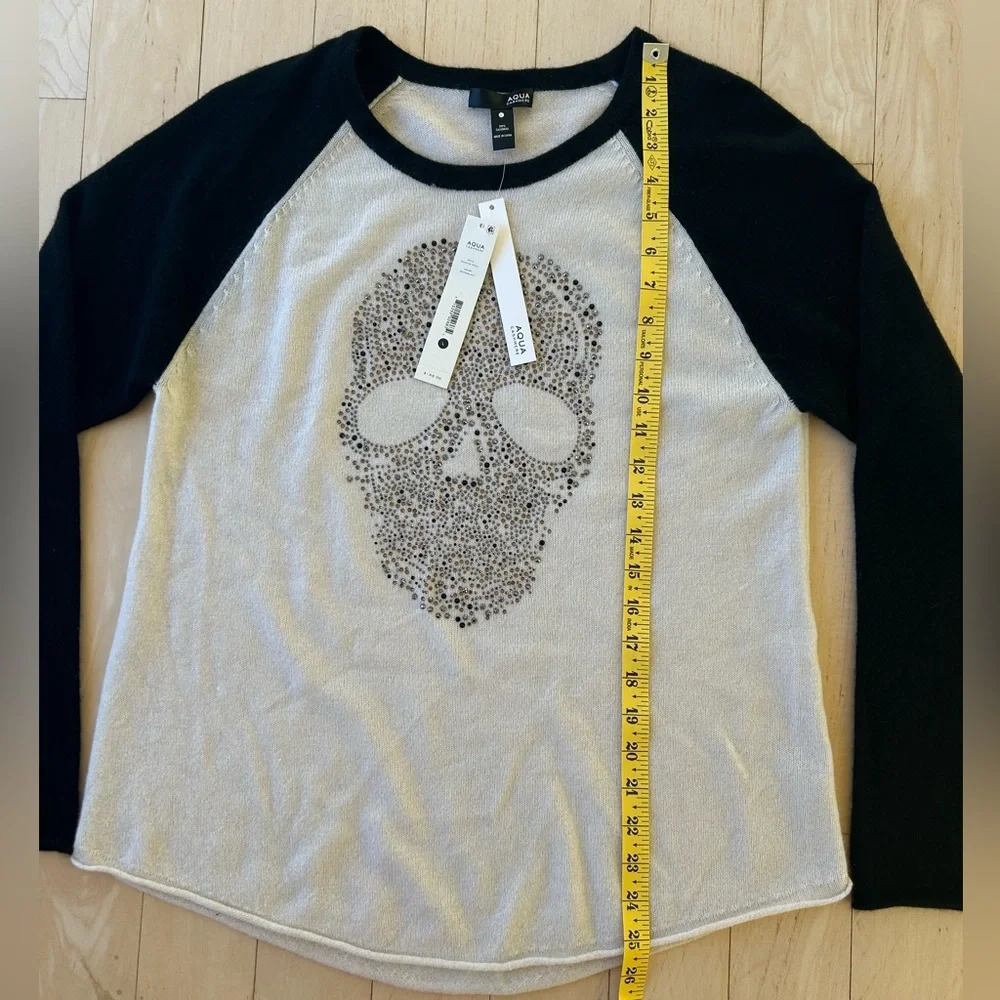Aqua 100% Cashmere Embellished Skull Cashmere Baseball Style Sweater Large NWT